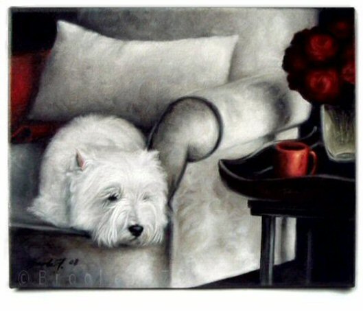 Westie, West Highland Terrier, Painting, art, canvas, Napping